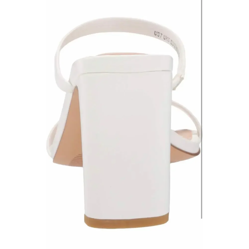 The Drop Women's Avery White Square Toe Two Strap High Heels.